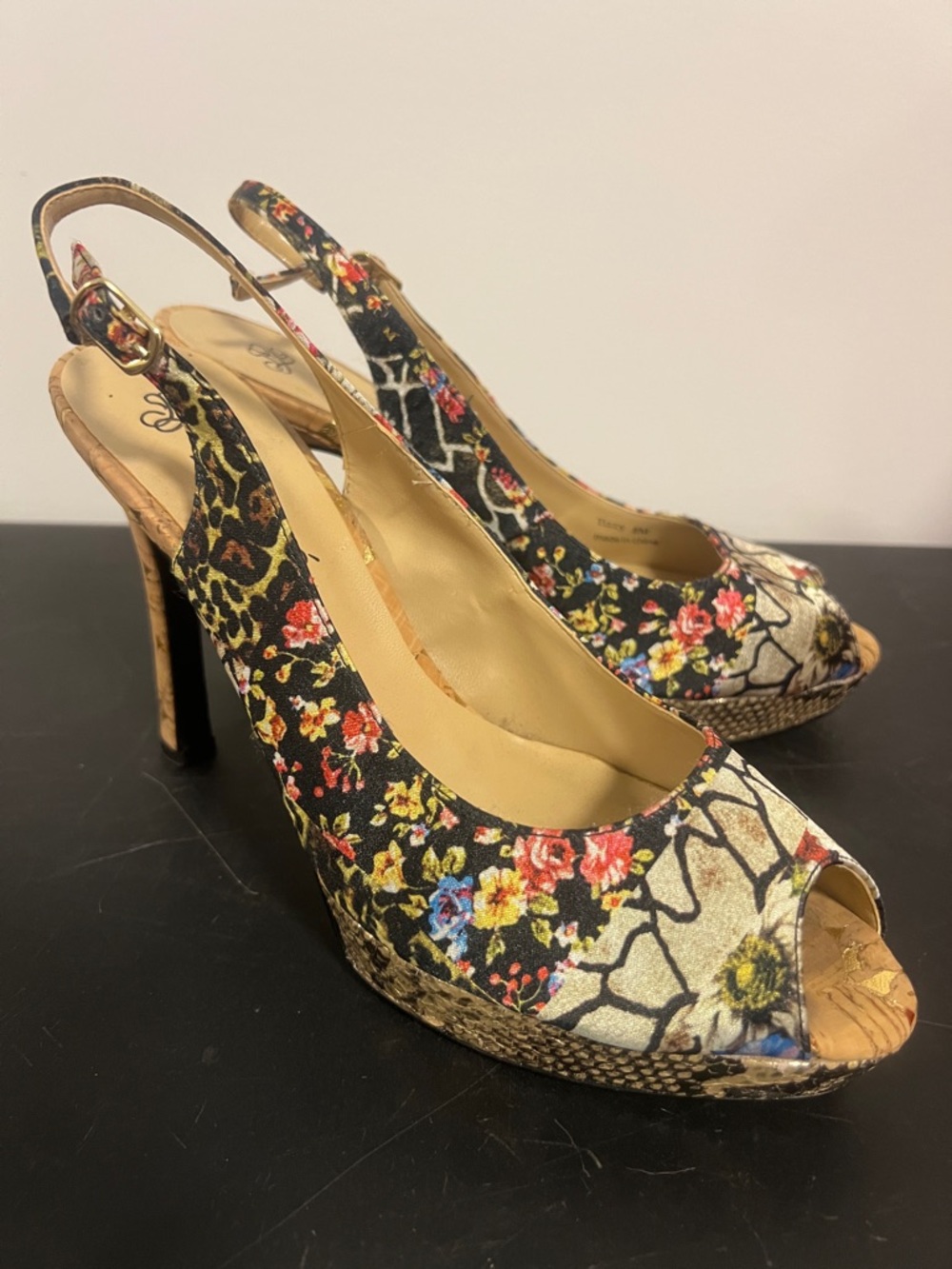 J.Renee Tizzy Multi Floral & snake print gold shimmer Peep-Toe Slingback Heels